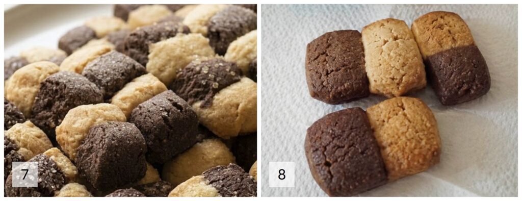 7-8 Ritornelli Mulino Bianco Passaggi finali: biscotti bicolore cotti e pronti da mangiare, disposti su carta forno e su un piatto.