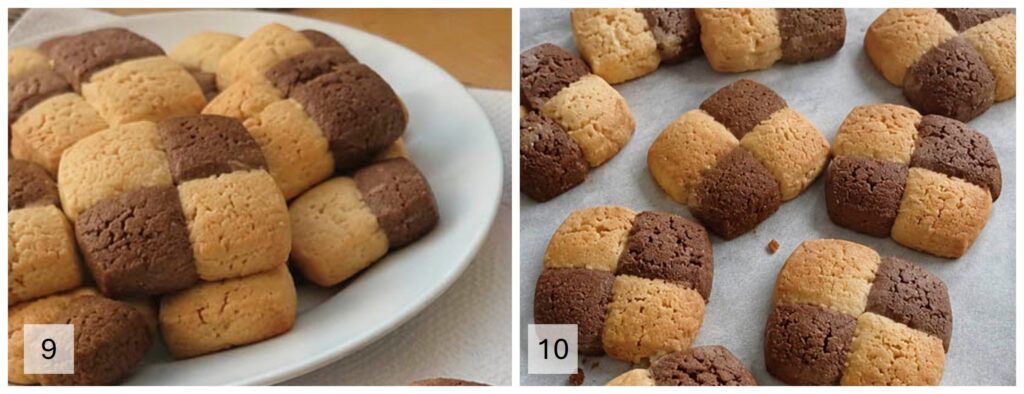 9-10 Ritornelli Mulino Bianco Passaggi finali: biscotti bicolore cotti e pronti da mangiare, disposti su carta forno e su un piatto.