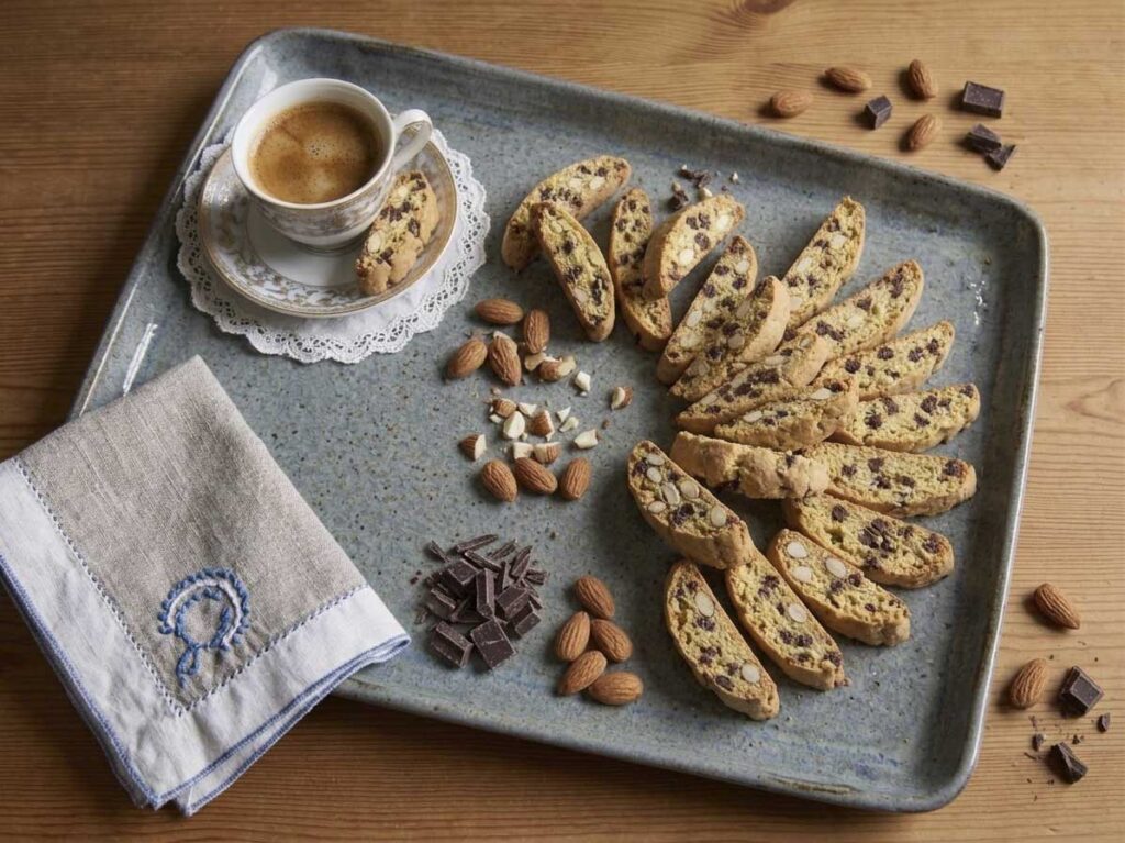 Biscotti con mandorle e cioccolato tipo cantucci serviti con caffè