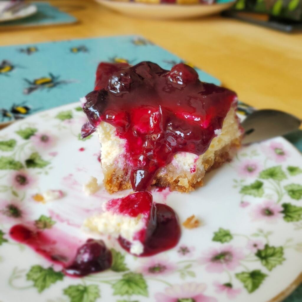 fetta di cheesecake cremosa con salsa ai mirtilli