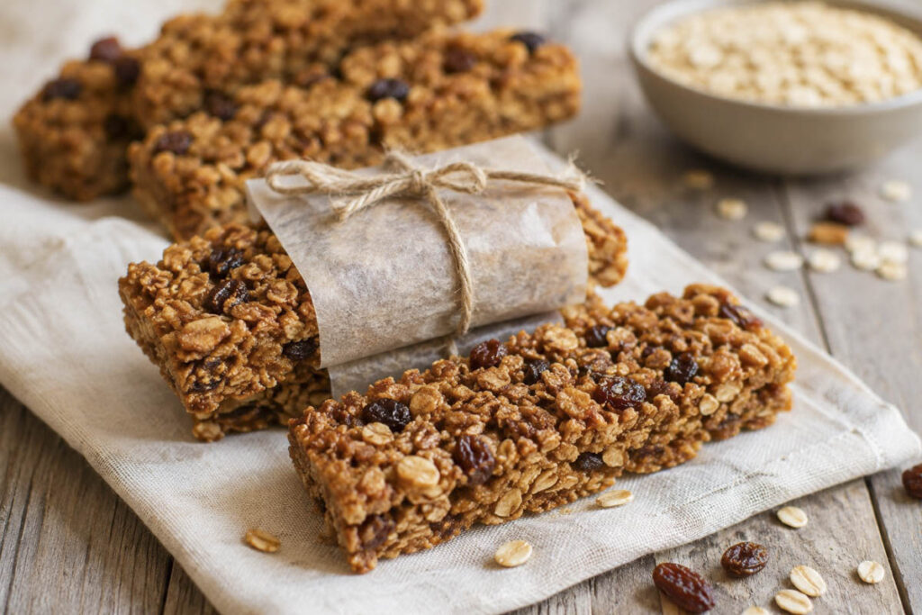 Barrette ai cereali vegan avvolte nella carta forno come snack da portare fuori casa