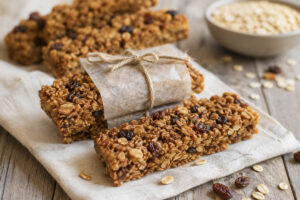 Barrette ai cereali vegan avvolte nella carta forno come snack da portare fuori casa
