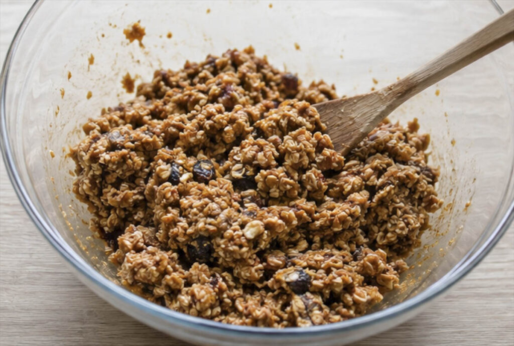 Impasto per barrette ai cereali vegan_edited Impasto per barrette ai cereali vegan con fiocchi di avena, uvetta e frutta secca in una ciotola