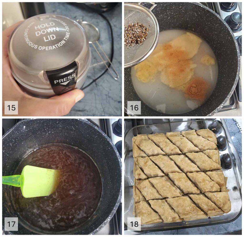 Preparazione dello sciroppo speziato e baklava al pistacchio appena sfornato prima di versare lo sciroppo.