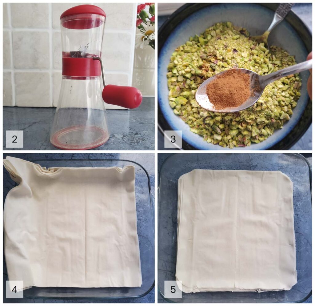 Preparazione degli ingredienti per baklava al pistacchio con pasta fillo, pistacchi tritati e cannella.