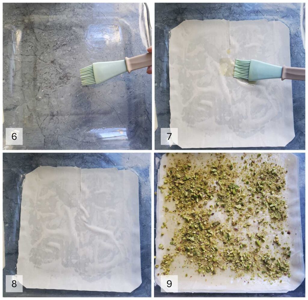 Preparazione del baklava al pistacchio con strati di pasta fillo spennellati di burro e ripieno di pistacchi.