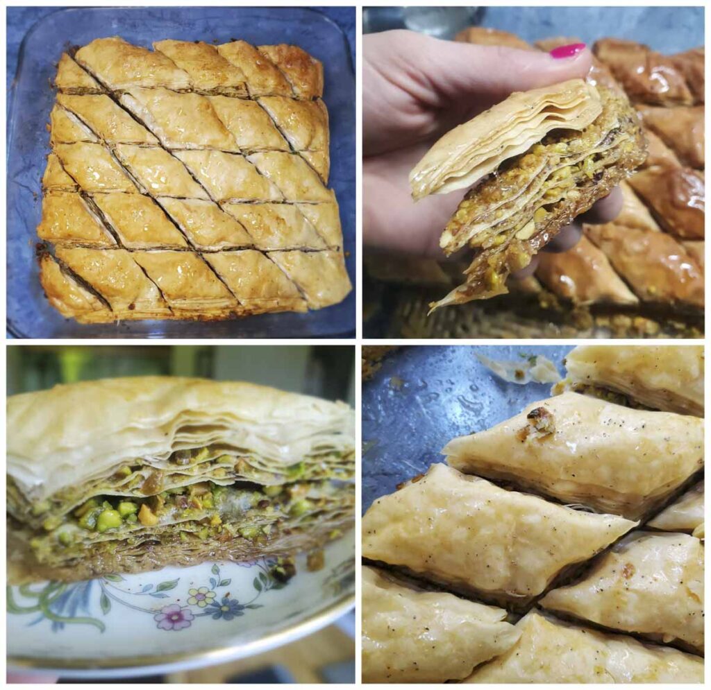 Baklava al pistacchio fatto in casa tagliato a losanghe, con sfoglia dorata e ripieno di pistacchi.