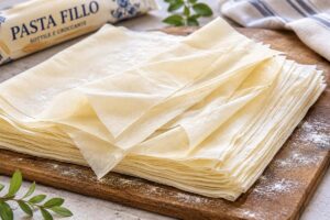 Pasta fillo sottile in fogli, pronta per preparare il baklava al pistacchio.