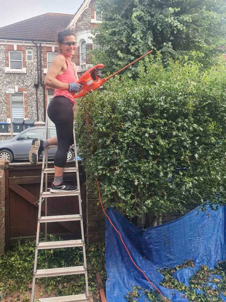 Donna in giardino pota la siepe con un tagliasiepe elettrico