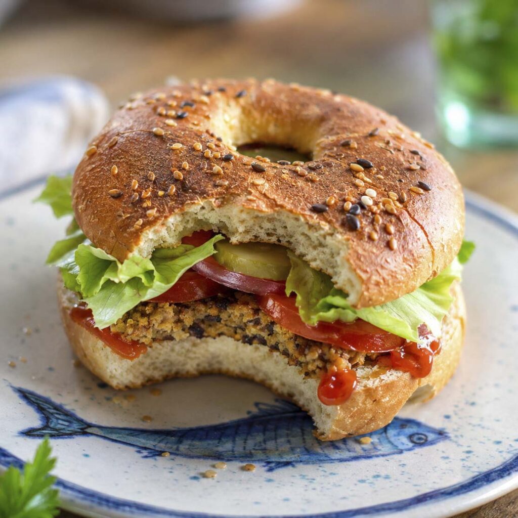 Hamburger vegano con funghi e avena servito in un bagel proteico con insalata, pomodoro e cetriolini.