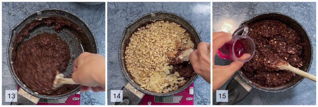 Aggiunta di frutta secca e liquori nella torta di riso e cioccolato tradizionale.