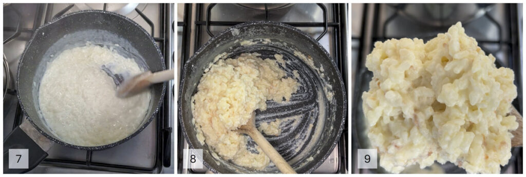 Cottura del riso nel latte per il ripieno della torta di riso e cioccolato.